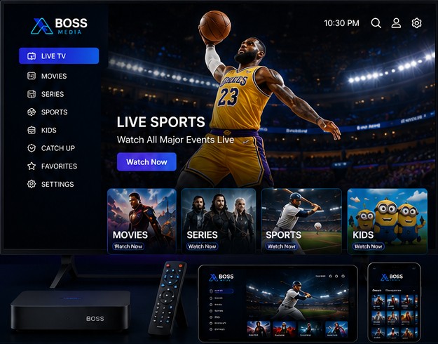Basketball live sports displayed across Boss Media devices